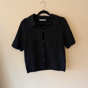 Abercrombie & Fitch Black Ribbed Collared Short Sleeve Cardigan Sweater ; Size M